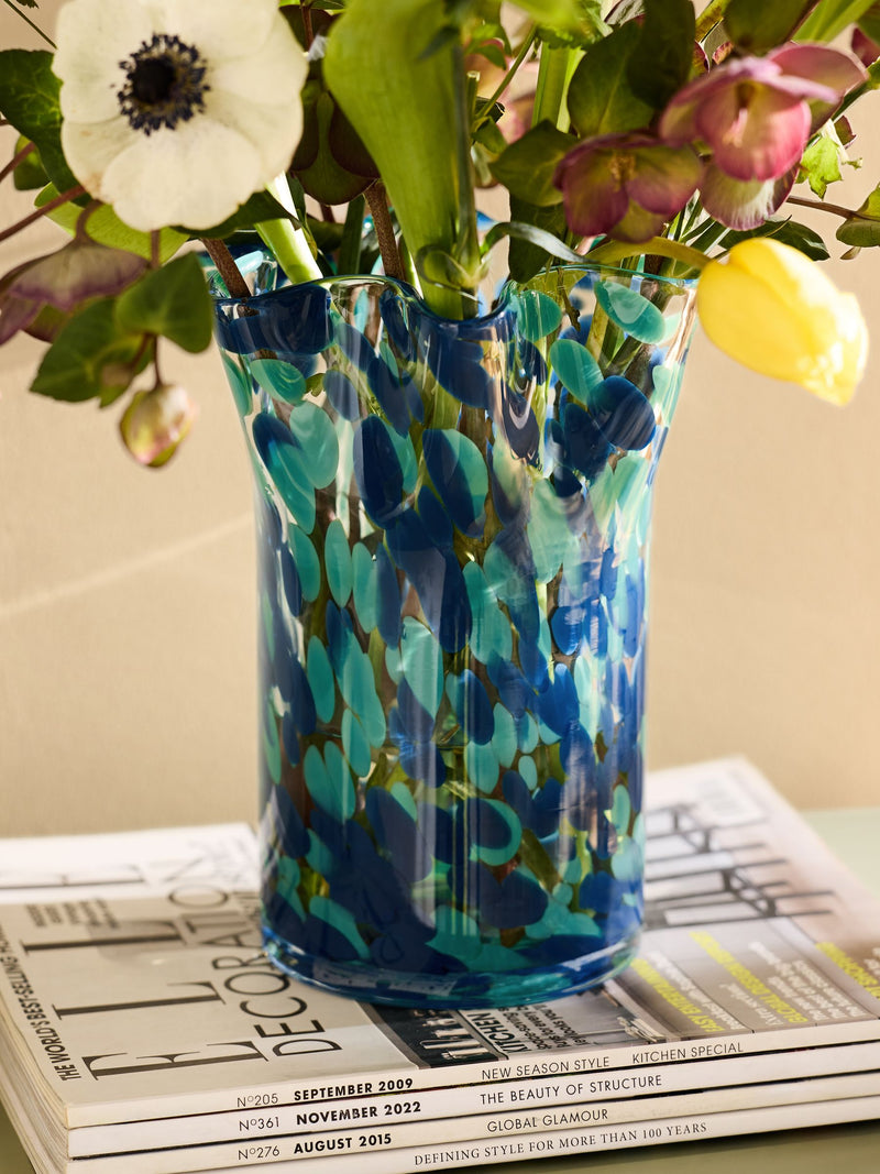 Nina Campbell teal blue fluted confetti glass vase, imported from the UK