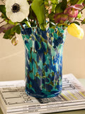Nina Campbell teal blue fluted confetti glass vase, imported from the UK