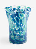 Nina Campbell teal blue fluted confetti glass vase, imported from the UK