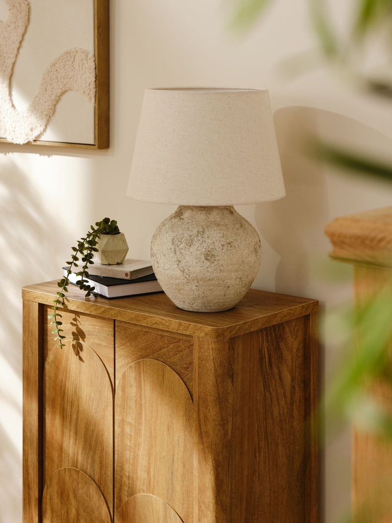 Grey Avebury rechargeable table lamp with fabric shade, imported from the UK