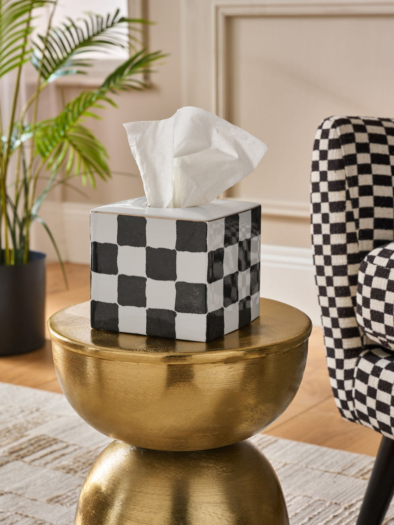 Ceramic tissue box cover white/black check 14.5cm cube (British brand)
