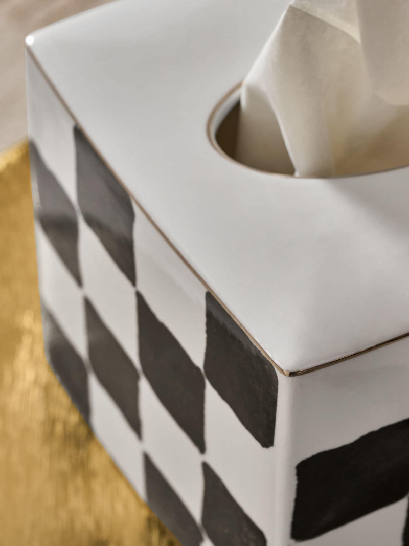 Ceramic tissue box cover white/black check 14.5cm cube (British brand)