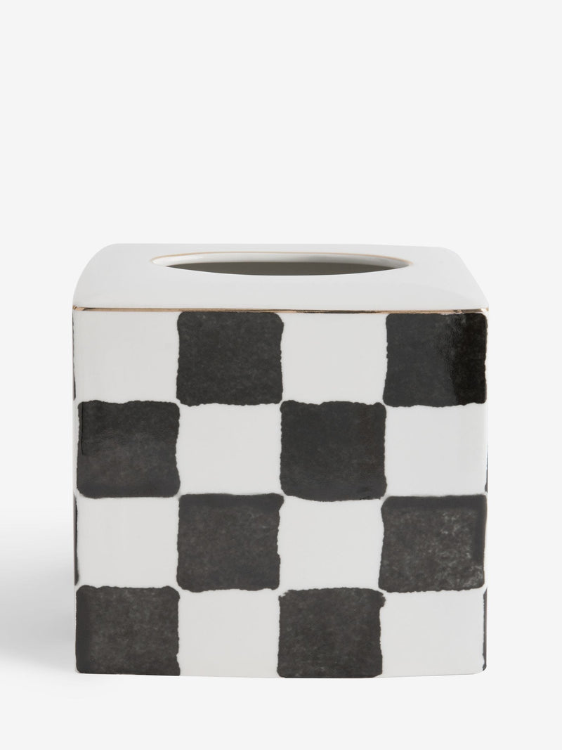 Ceramic tissue box cover white/black check 14.5cm cube (British brand)