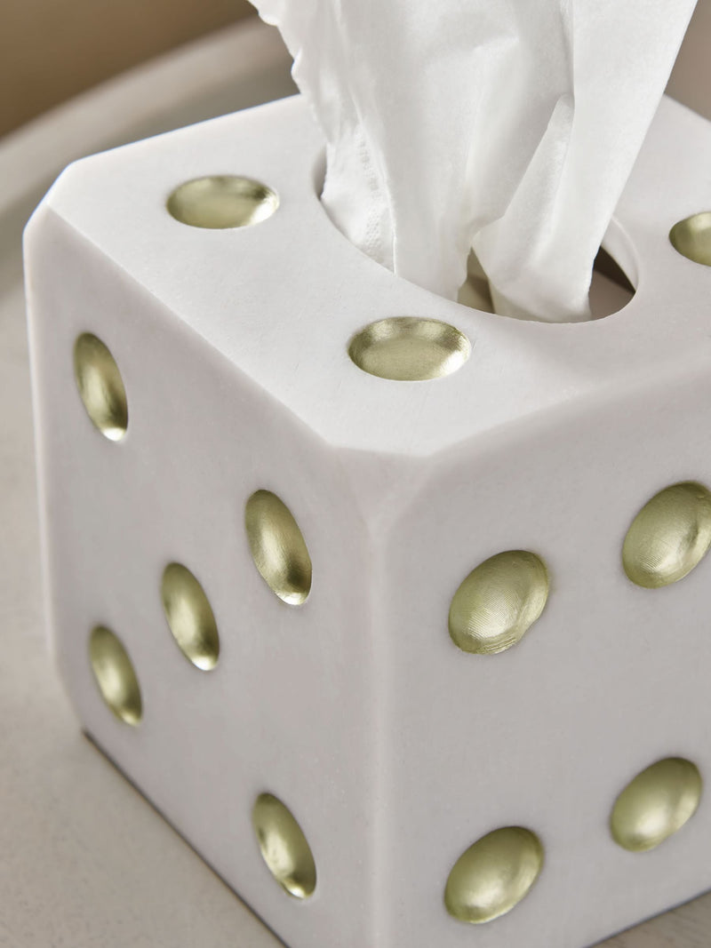 White gold dice tissue box 13.5cm cube (British brand)