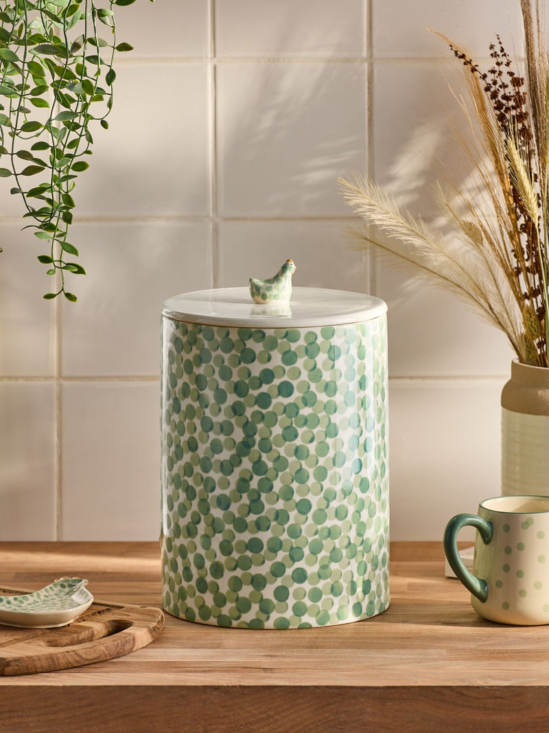Sage green ceramic bread bin with chicken topper (British brand)