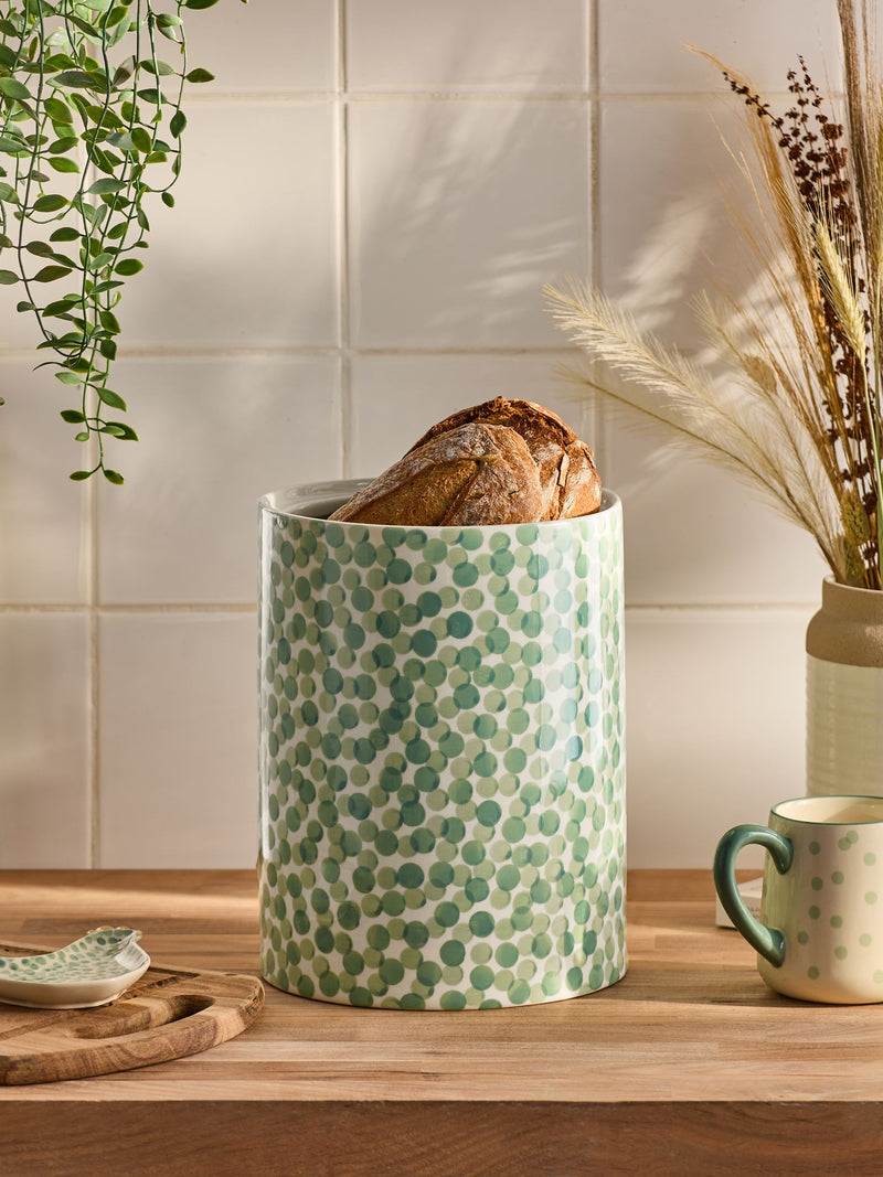 Sage green ceramic bread bin with chicken topper (British brand)