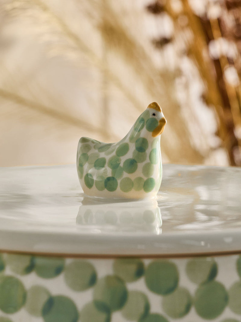 Sage green ceramic bread bin with chicken topper (British brand)