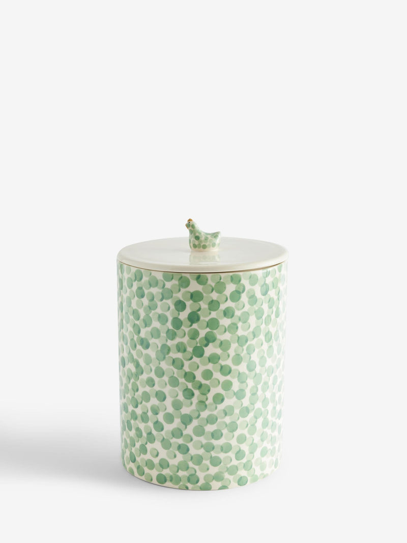 Sage green ceramic bread bin with chicken topper (British brand)