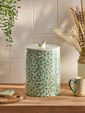 Sage green ceramic bread bin with chicken topper (British brand)