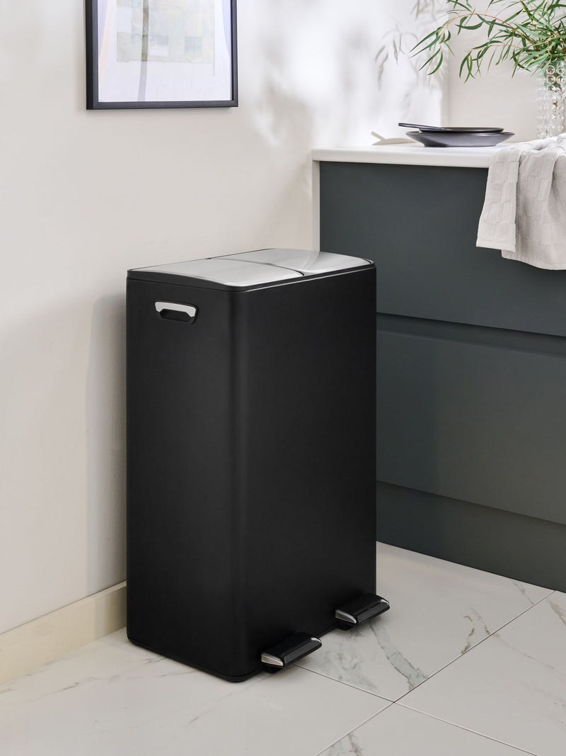 Black 60L 3 Compartment Recycling Soft Close Pedal Kitchen Bin