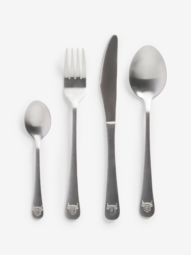16-Piece Brushed Silver Cutlery Set Featuring Highland Cow Design, UK version