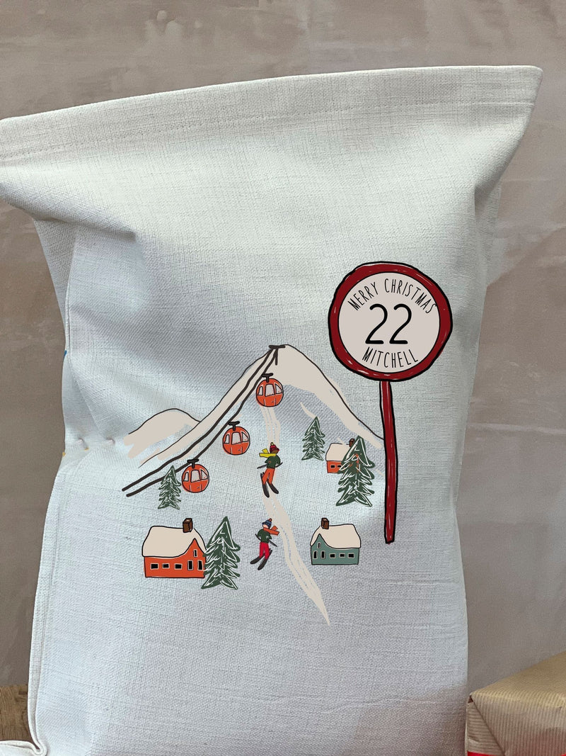 Solesmith linen Christmas sack ski scene personalised (British brand)