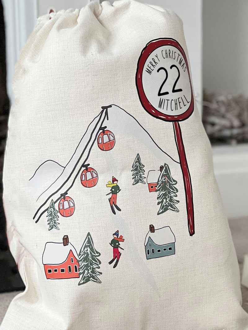 Solesmith linen Christmas sack ski scene personalised (British brand)
