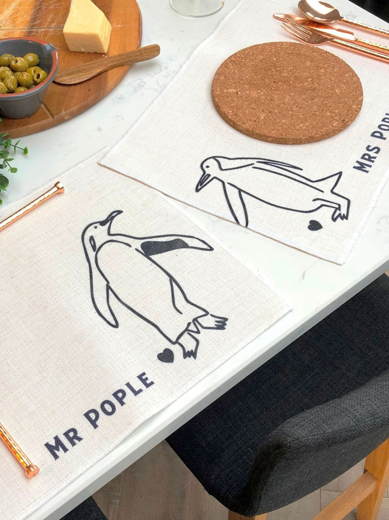 Solesmith personalised place mats with penguins in love design, set of 2, imported from the UK