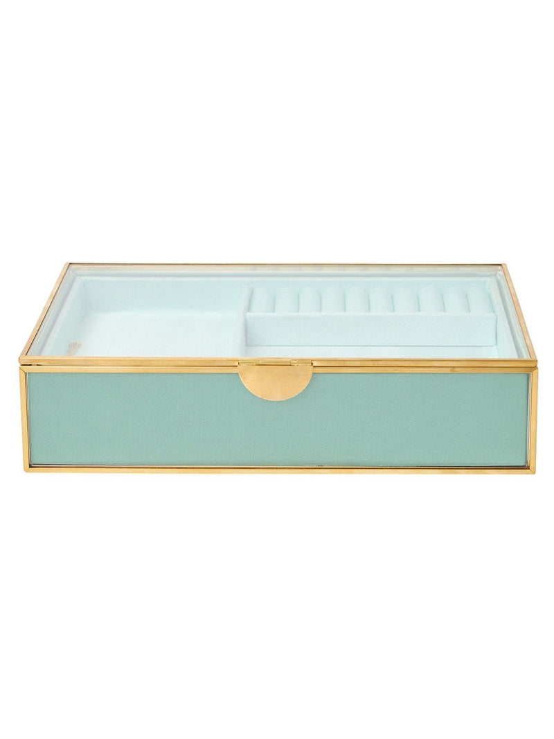 Oliver Bonas glass jewellery box with blue satin lining 25cm (British brand)