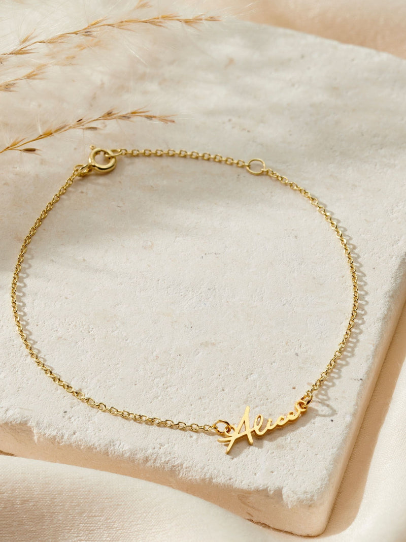 Posh Totty Designs personalised name bracelet in gold tone, imported from the UK
