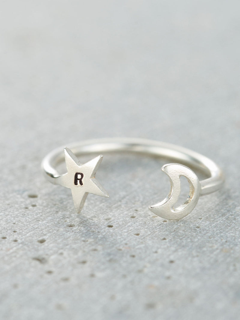 Posh Totty Designs Silver Tone Personalised Moon & Star Open Ring