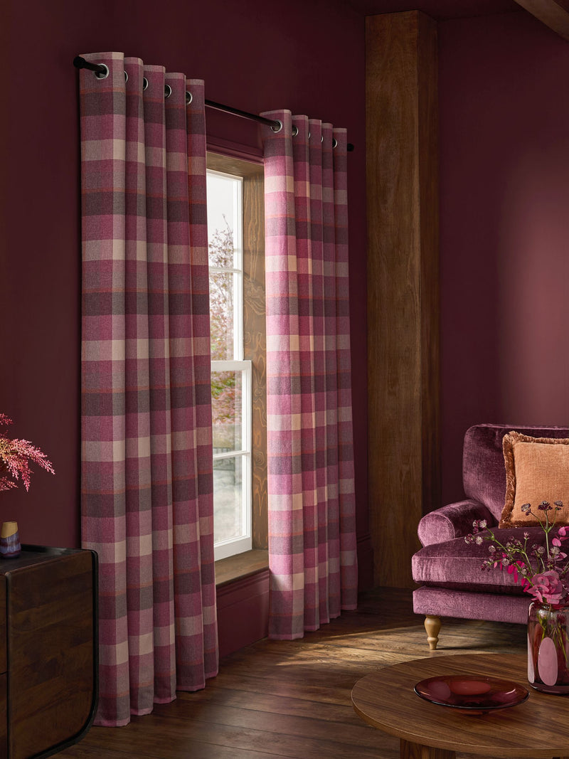 Berry Pink brushed check eyelet lined curtains, UK version