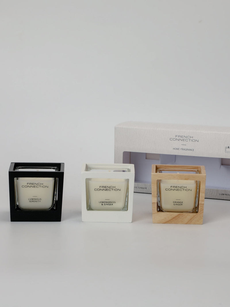French Connection natural wooden candle gift set 3x50g, imported from the UK