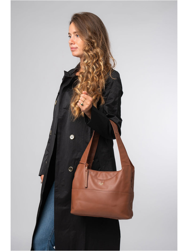 Cultured London brown Ariel leather shoulder bag, imported from the UK