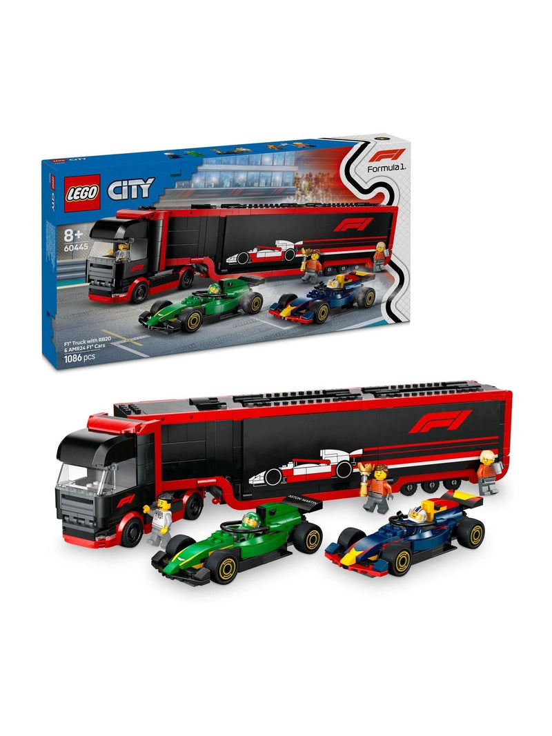 LEGO F1 truck building set with RB20 and AMR24 cars, UK version
