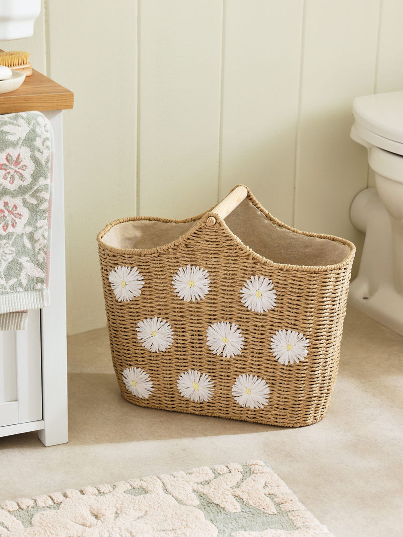 Natural Daisy Woven Toilet Roll Holder and Storage Basket 12-roll capacity, imported from the UK