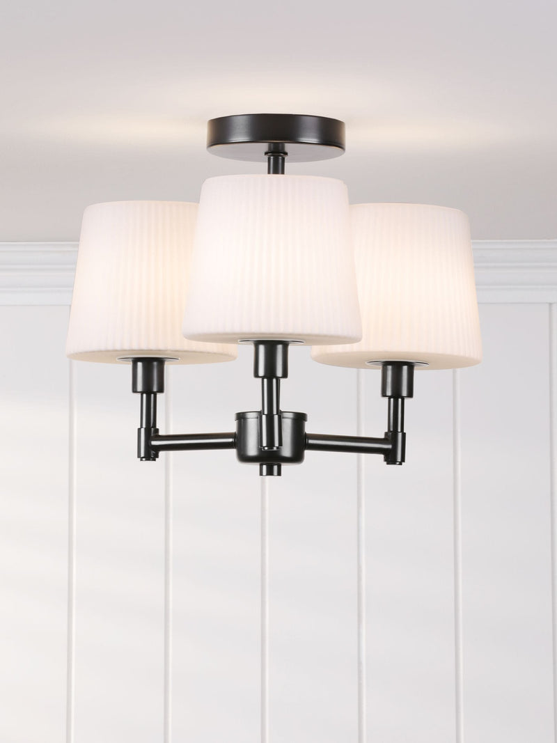 Laura Ashley Bayfield matt black semi flush ceiling light, imported from the UK