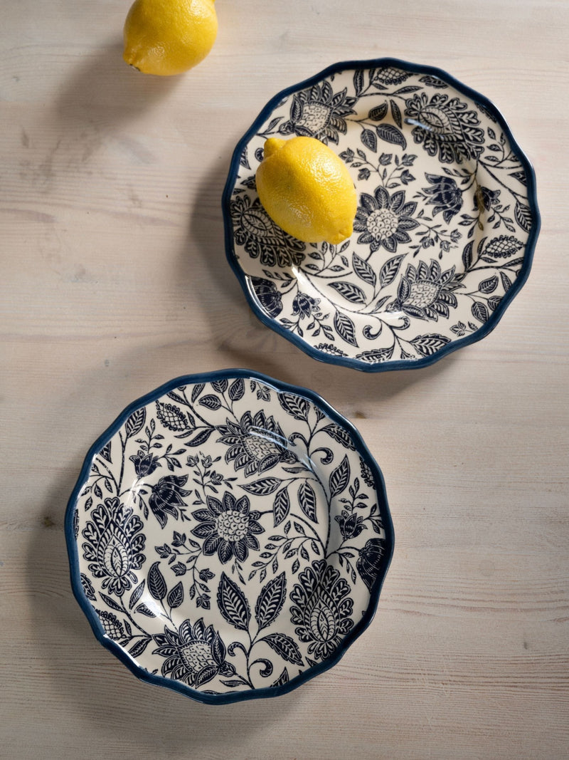 Set of 2 Scalloped Edge Earthenware Side Plates 21cm with Hand-Painted Blue Border
