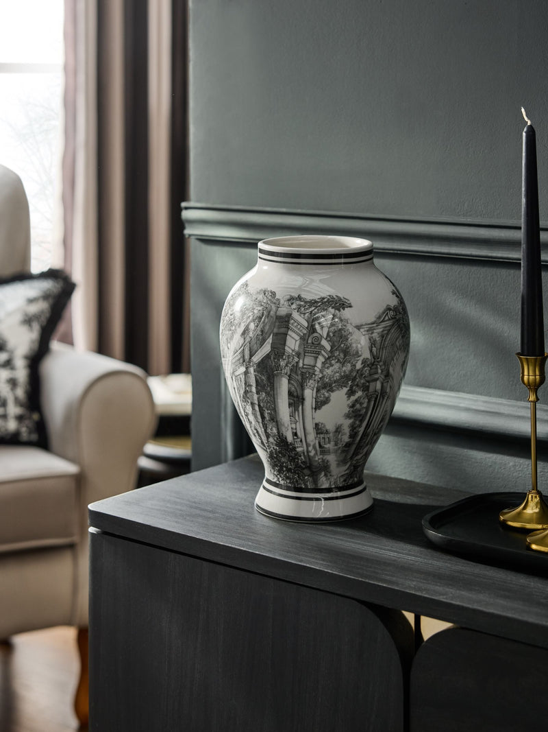 Laurence Llewelyn-Bowen ivory black toile print ceramic vase 30cm height, UK version