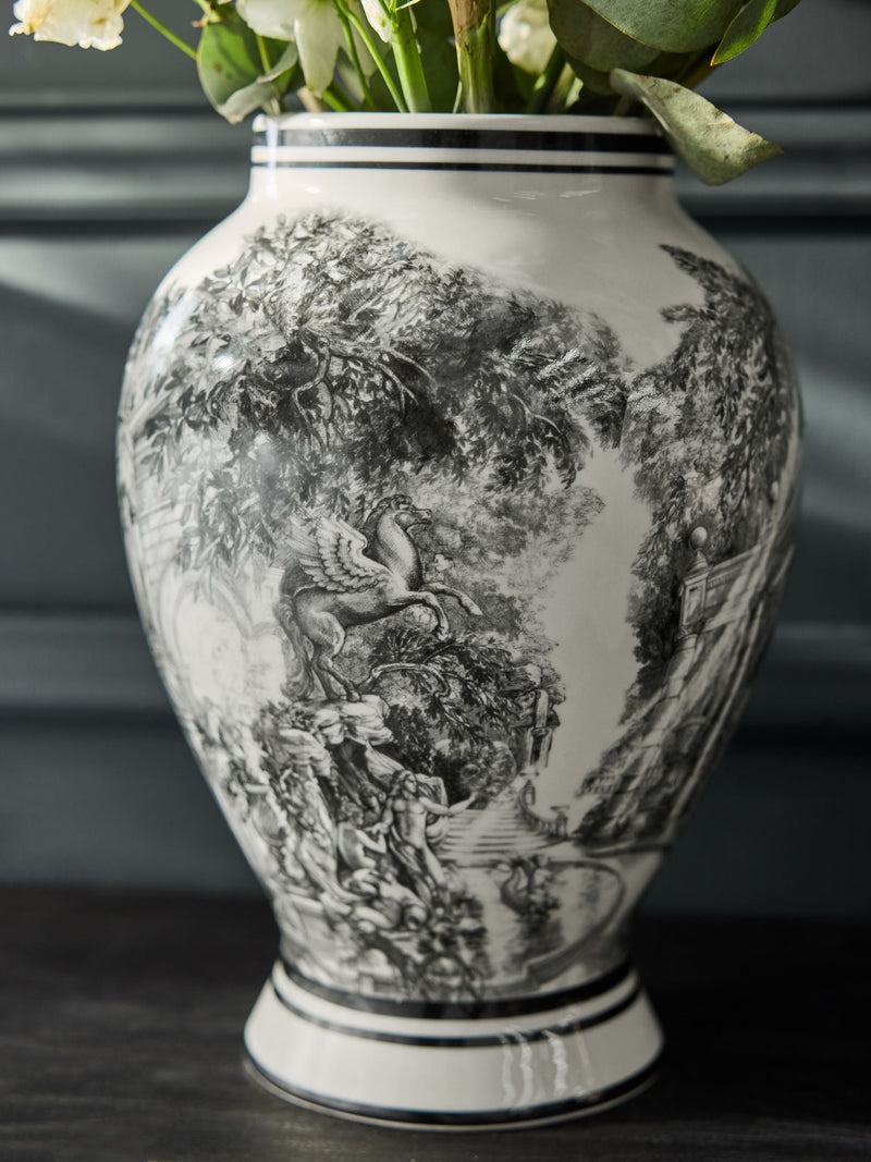 Laurence Llewelyn-Bowen ivory black toile print ceramic vase 30cm height, UK version