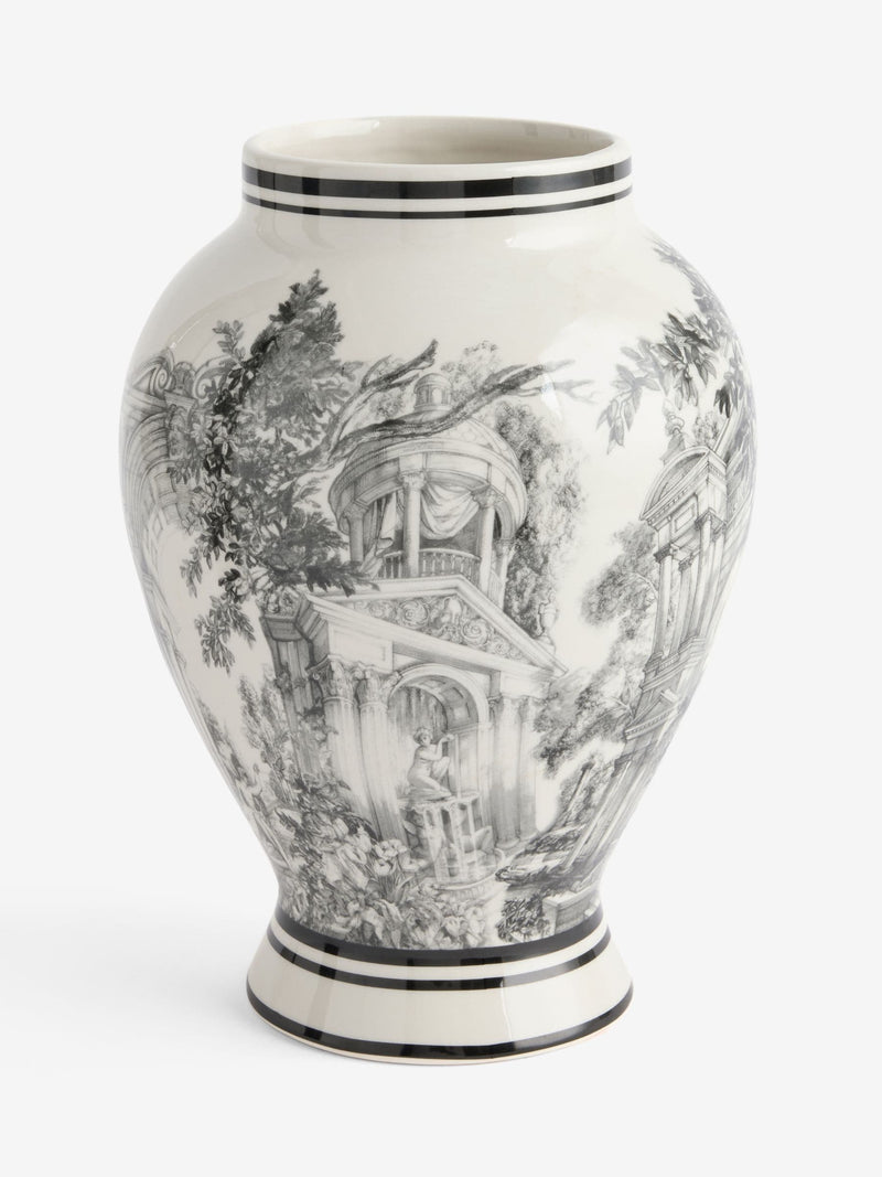 Laurence Llewelyn-Bowen ivory black toile print ceramic vase 30cm height, UK version