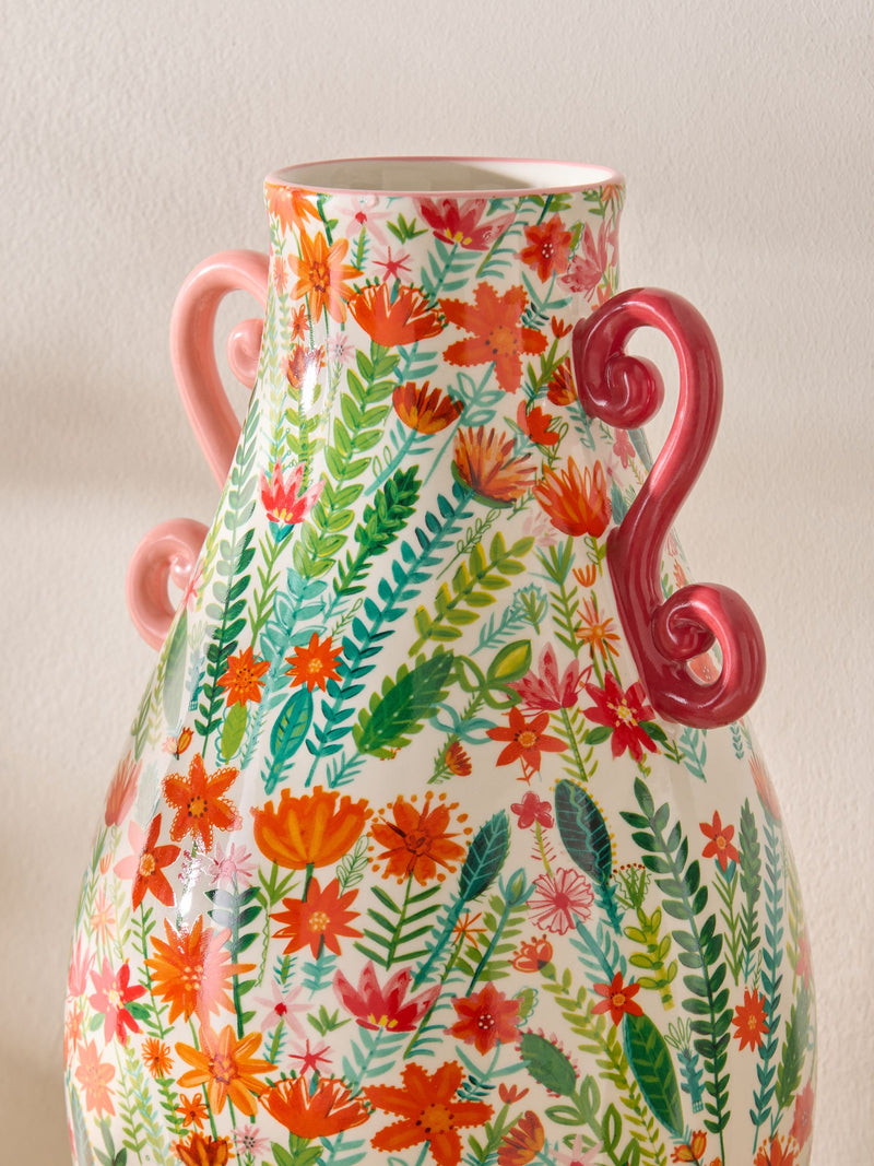 Lucy Tiffney pink and green floral print ceramic vase 33cm, UK version