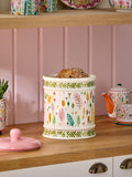 Lucy Tiffney bread bin ceramic cream pink green leaf print, UK version