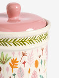 Lucy Tiffney bread bin ceramic cream pink green leaf print, UK version