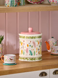 Lucy Tiffney bread bin ceramic cream pink green leaf print, UK version
