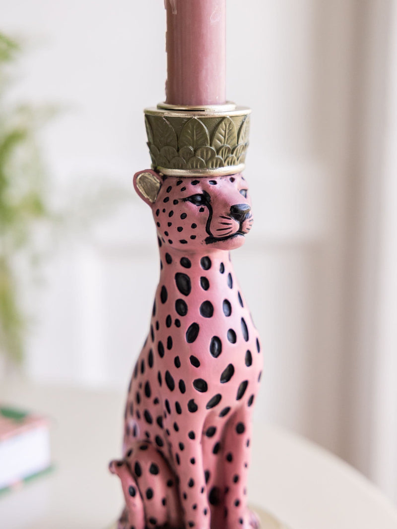 Rockett St George pink/black leopard print taper candle holder 17cm height, imported from the UK