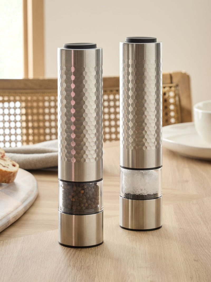 Silver electric steel salt and pepper grinders set of 2 (British brand)