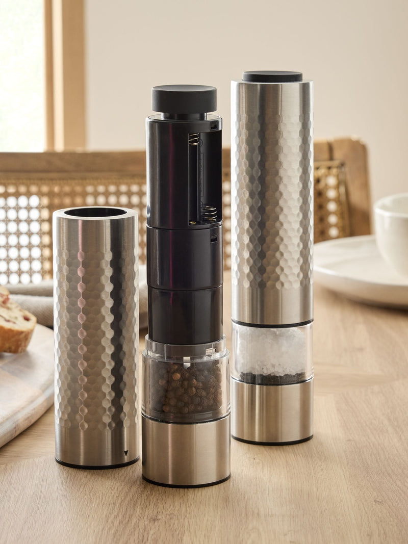 Silver electric steel salt and pepper grinders set of 2 (British brand)