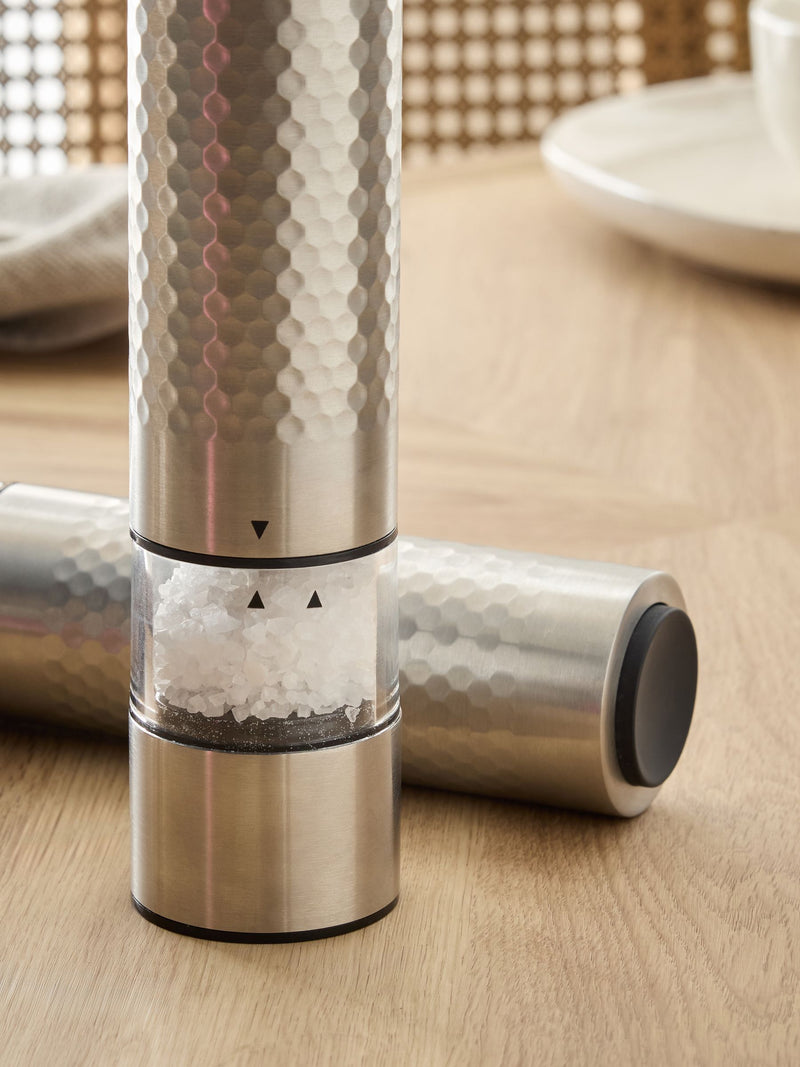 Silver electric steel salt and pepper grinders set of 2 (British brand)