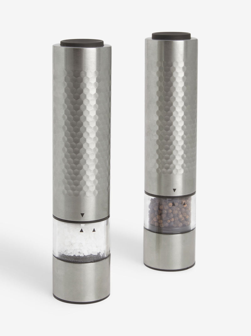 Silver electric steel salt and pepper grinders set of 2 (British brand)