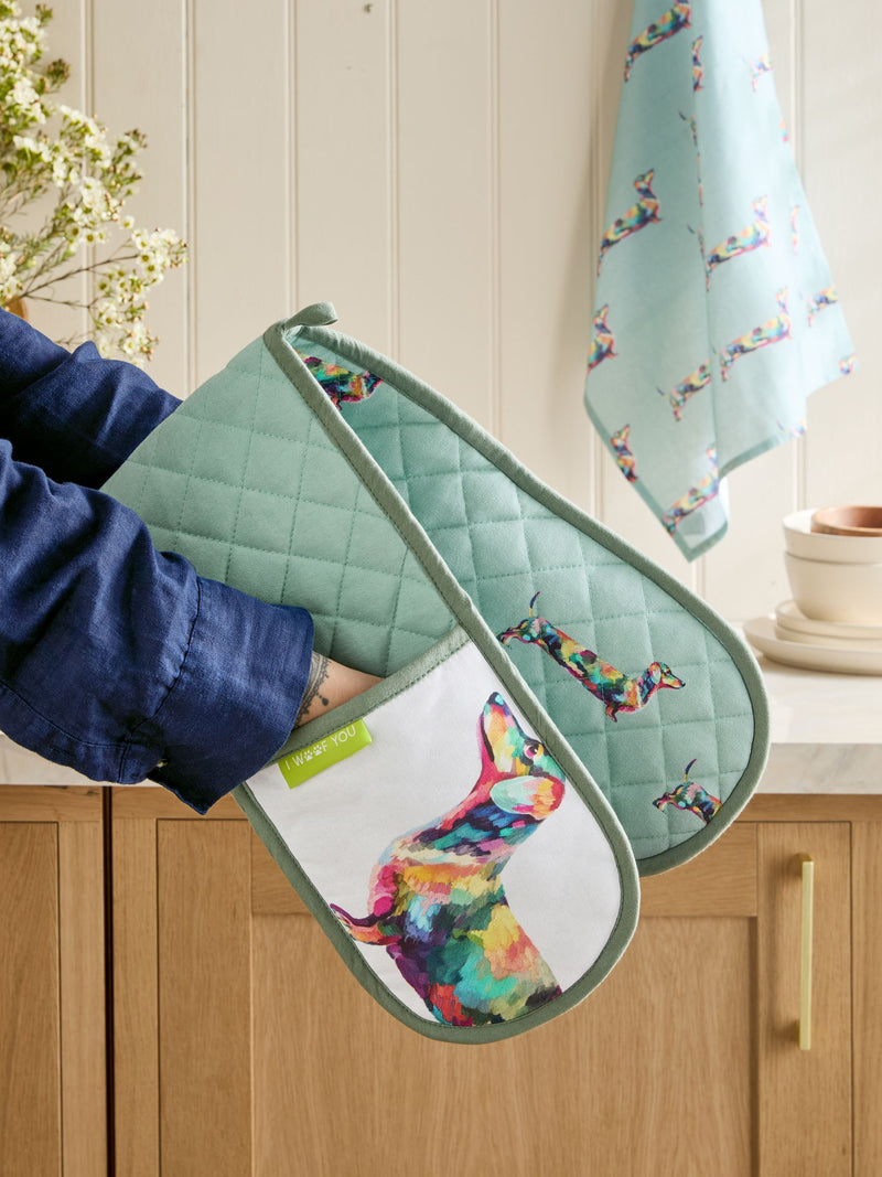 Teal blue sausage dog oven gloves (British brand)