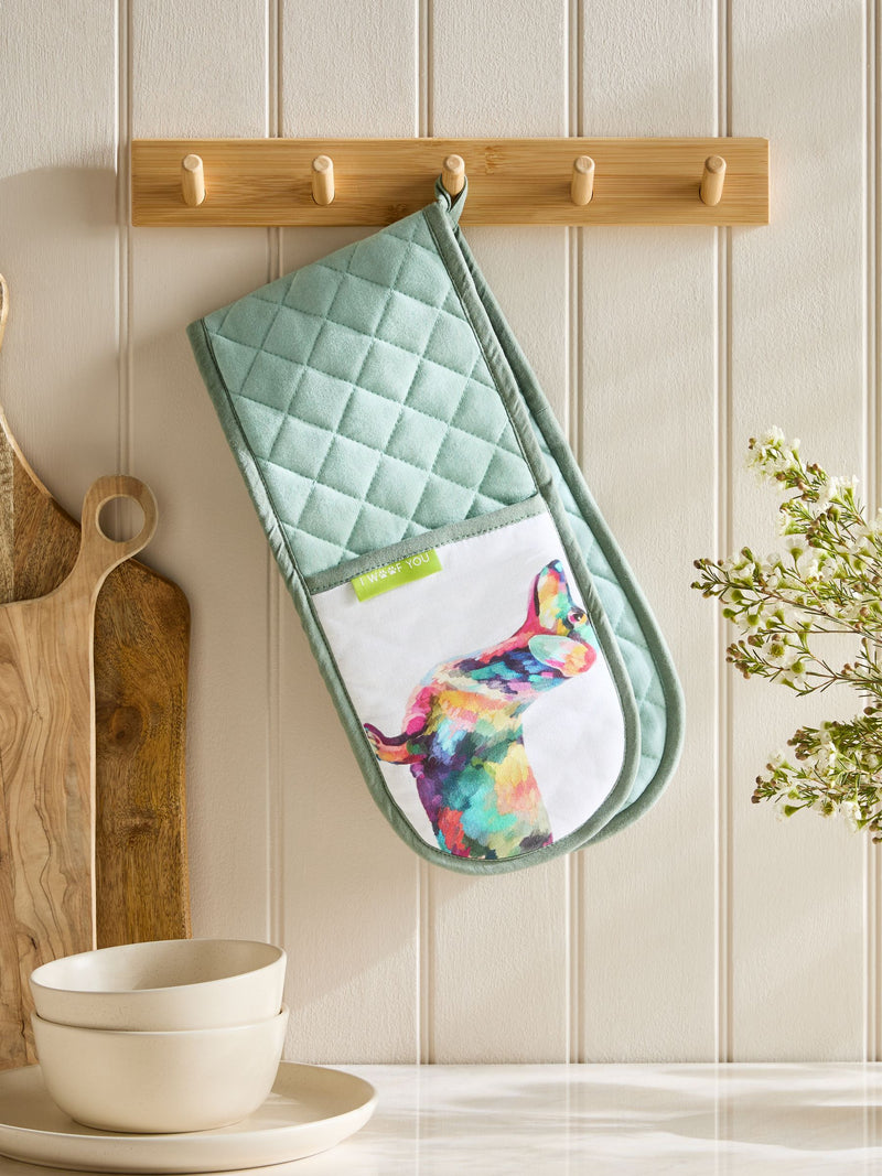 Teal blue sausage dog oven gloves (British brand)