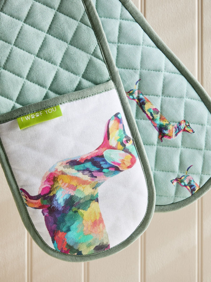 Teal blue sausage dog oven gloves (British brand)