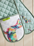 Teal blue sausage dog oven gloves (British brand)