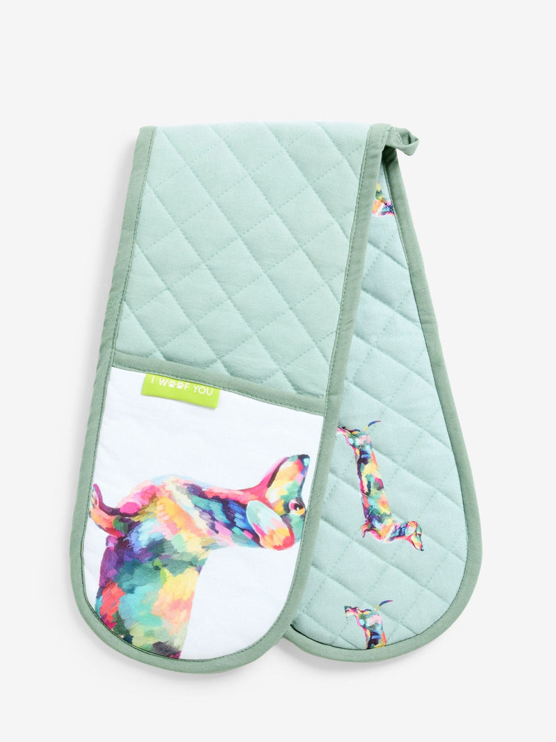 Teal blue sausage dog oven gloves (British brand)