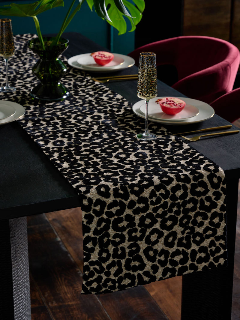 Velvet table runner black leopard print 220cm, imported from the UK
