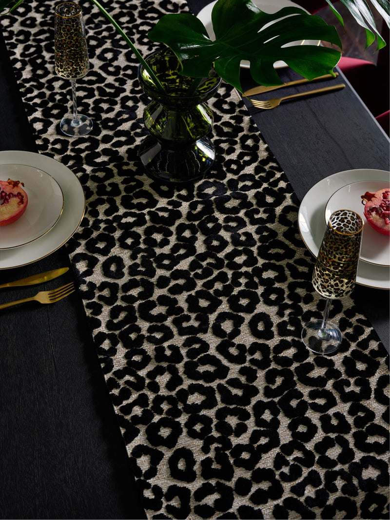 Velvet table runner black leopard print 220cm, imported from the UK