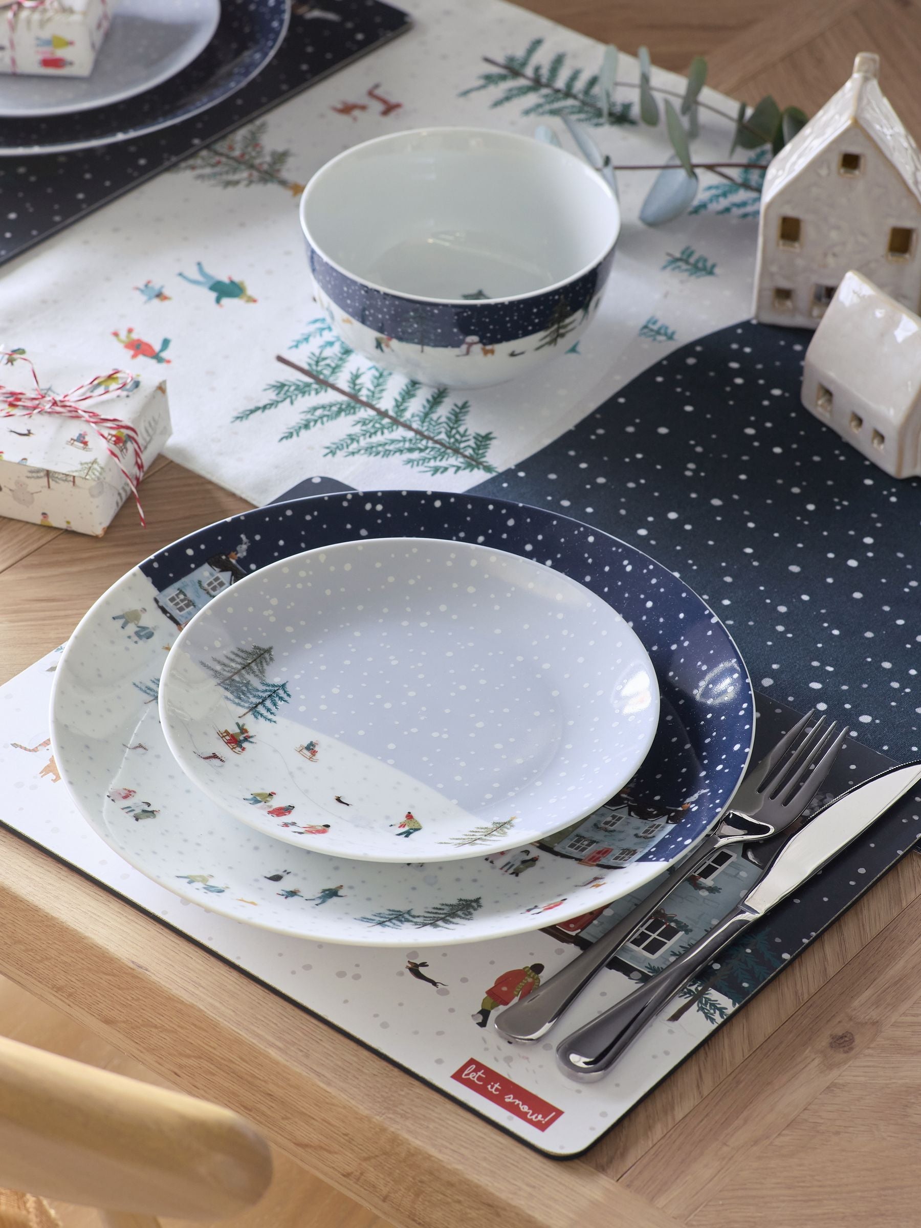 12 Piece Navy Christmas Winter Scene Dinner Set