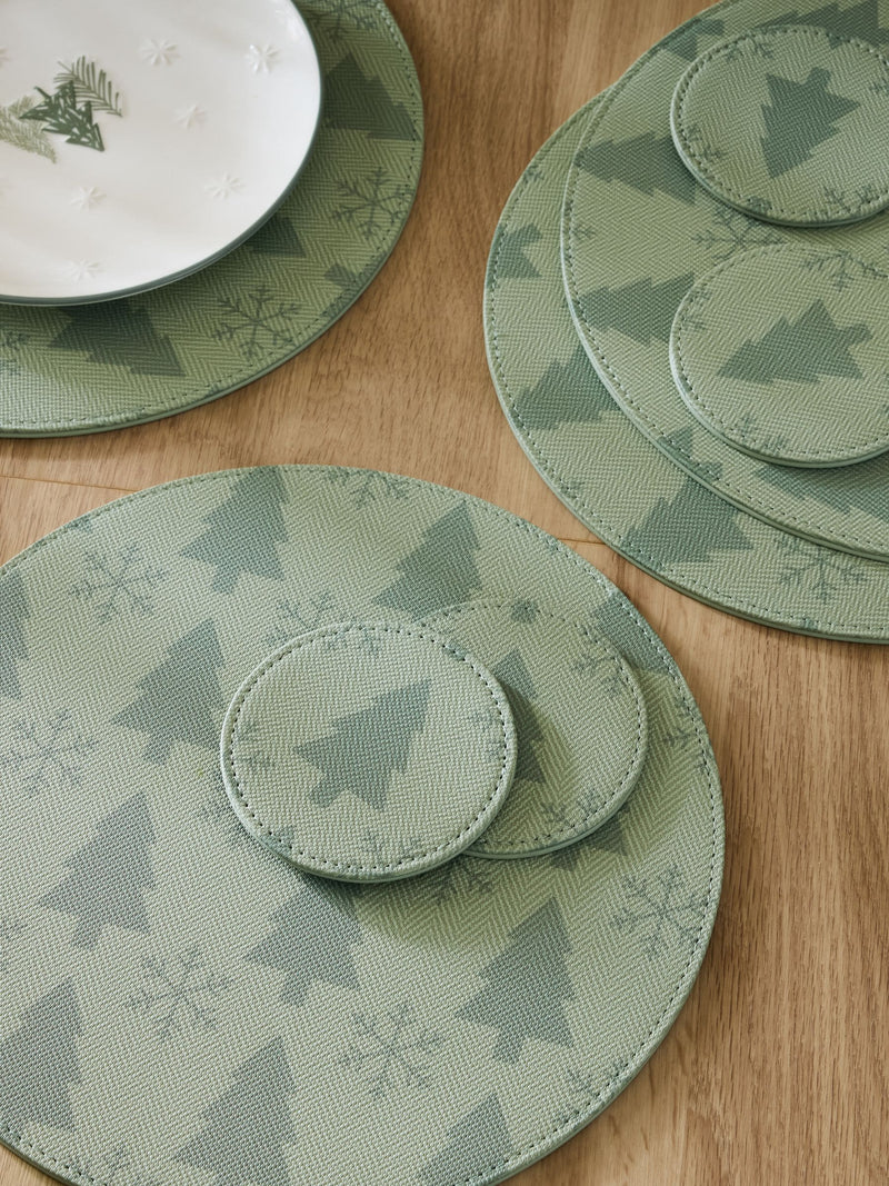 Green Christmas tree printed faux leather placemats and coasters set of 4 (British brand)