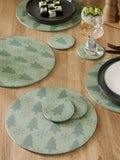 Set of 4 Green Christmas Tree Printed Faux Leather Placemats and Coasters